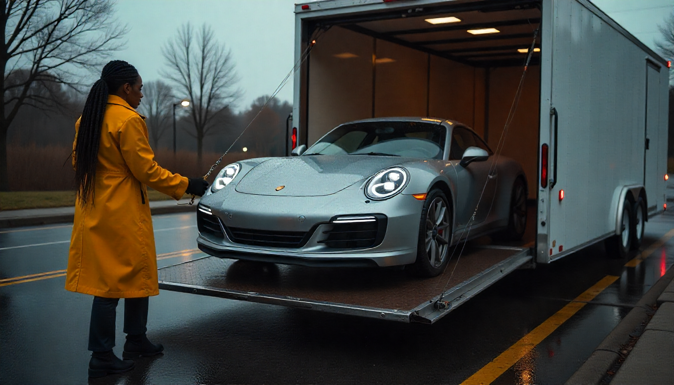 Luxury car being loaded onto an enclosed trailer